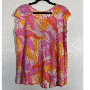 C&C California Womens Size M Floral Linen Top Pink & Orange Tropical Button-Back